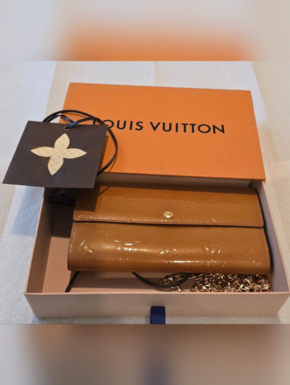 Louis Vuitton Vernis Caramel Envelope Wallet&Chain For Crossbody /branded LV Box